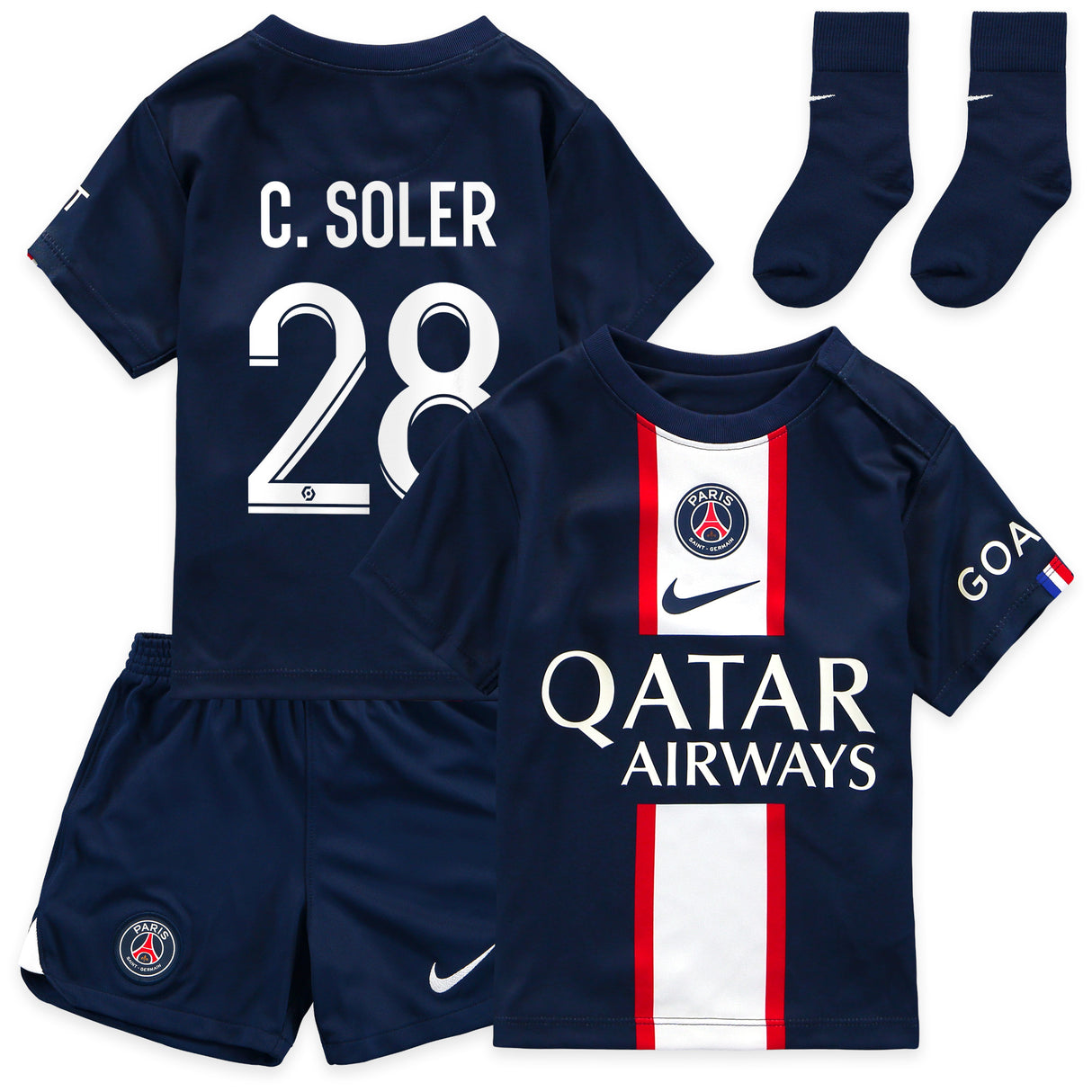 Paris Saint-Germain Home Stadium Kit 2022-23 - Infants with Soler 28 printing - Kit Captain