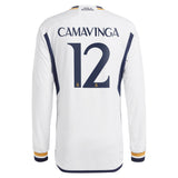 Real Madrid adidas Home Authentic Shirt 2023-24 - Long Sleeve with Camavinga 12 printing - Kit Captain