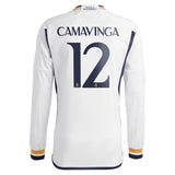 Real Madrid adidas Home Shirt 2023-24 - Long Sleeve with Camavinga 12 printing - Kit Captain