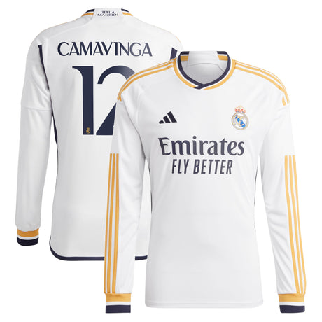 Real Madrid adidas Home Shirt 2023-24 - Long Sleeve with Camavinga 12 printing - Kit Captain