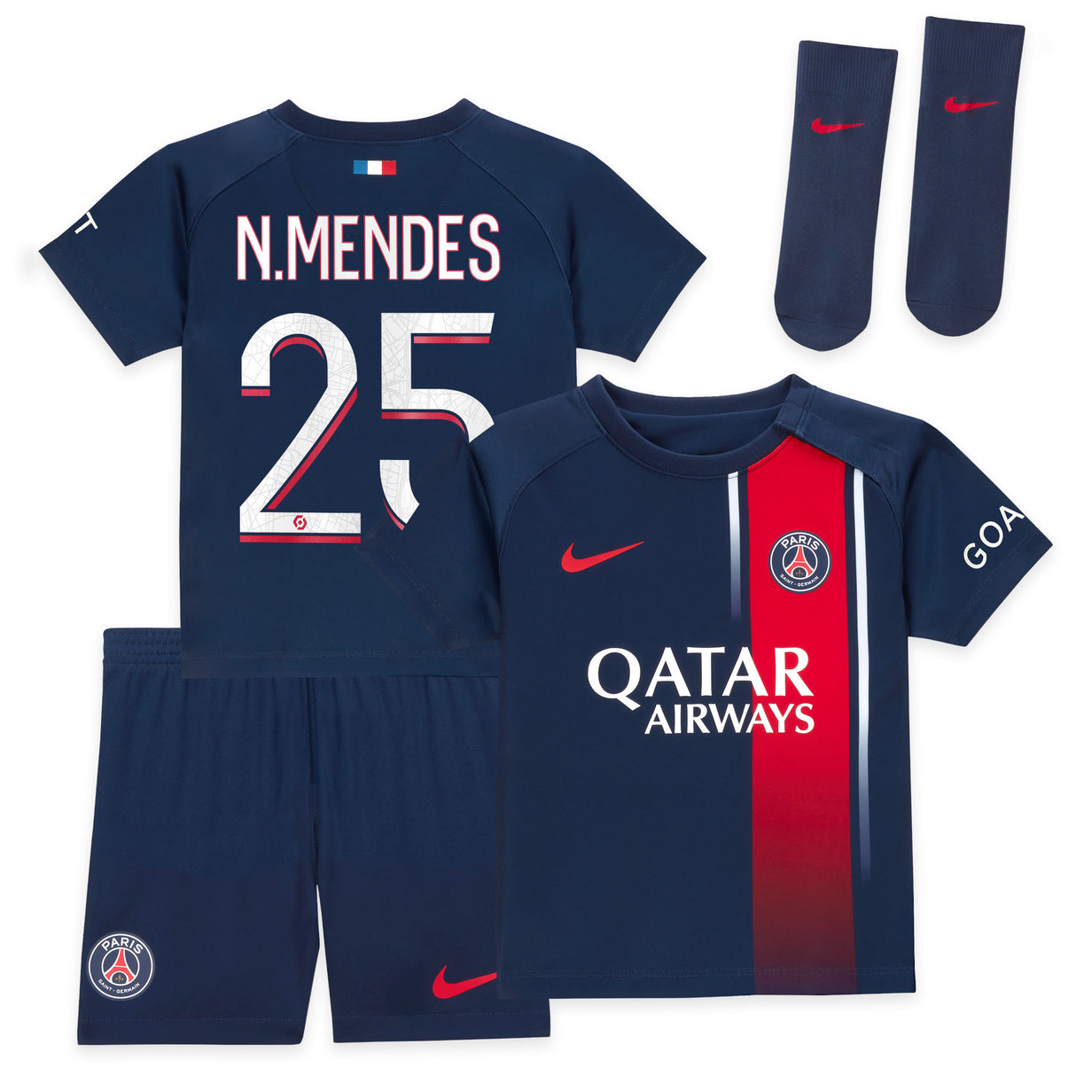 Paris Saint-Germain Nike Home Stadium Kit 2023-24 - Infant with N.Mendes 25 printing - Kit Captain