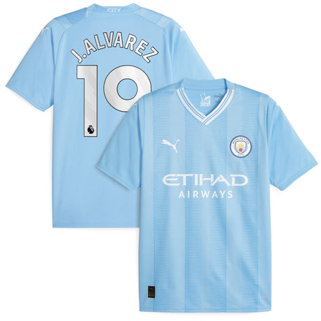 Manchester City Puma Home Shirt 2023-24 with J.Alvarez 19 printing - Kit Captain