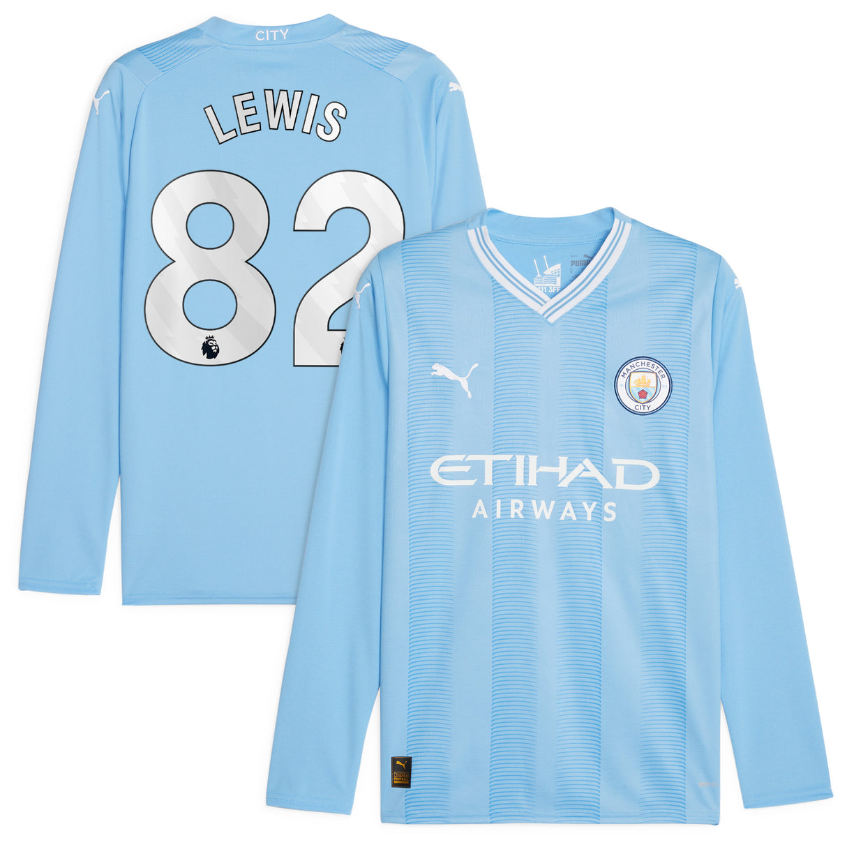 Manchester City Puma Home Shirt 2023-24 - Long Sleeve - Kids with Lewis 82 printing - Kit Captain