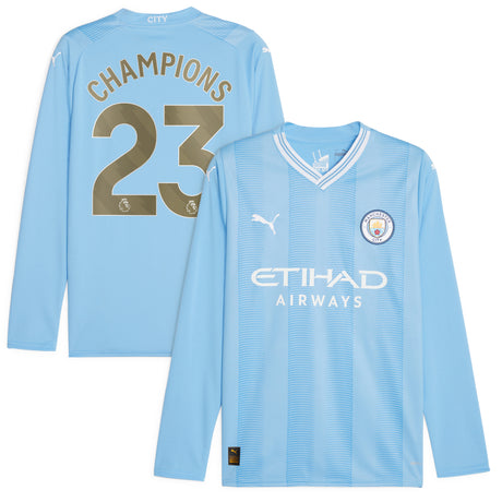 Manchester City Puma Home Shirt 2023-24 - Long Sleeve - Kids with Champions 23 printing - Kit Captain