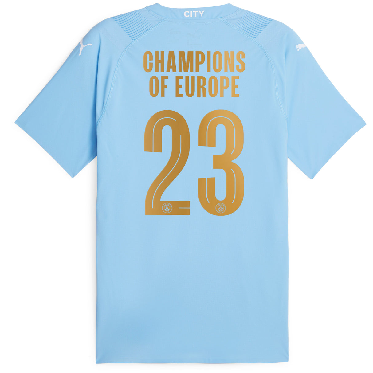 Manchester City Puma Home Authentic Shirt 2023-24 with Champions of Europe 23 printing - Kit Captain