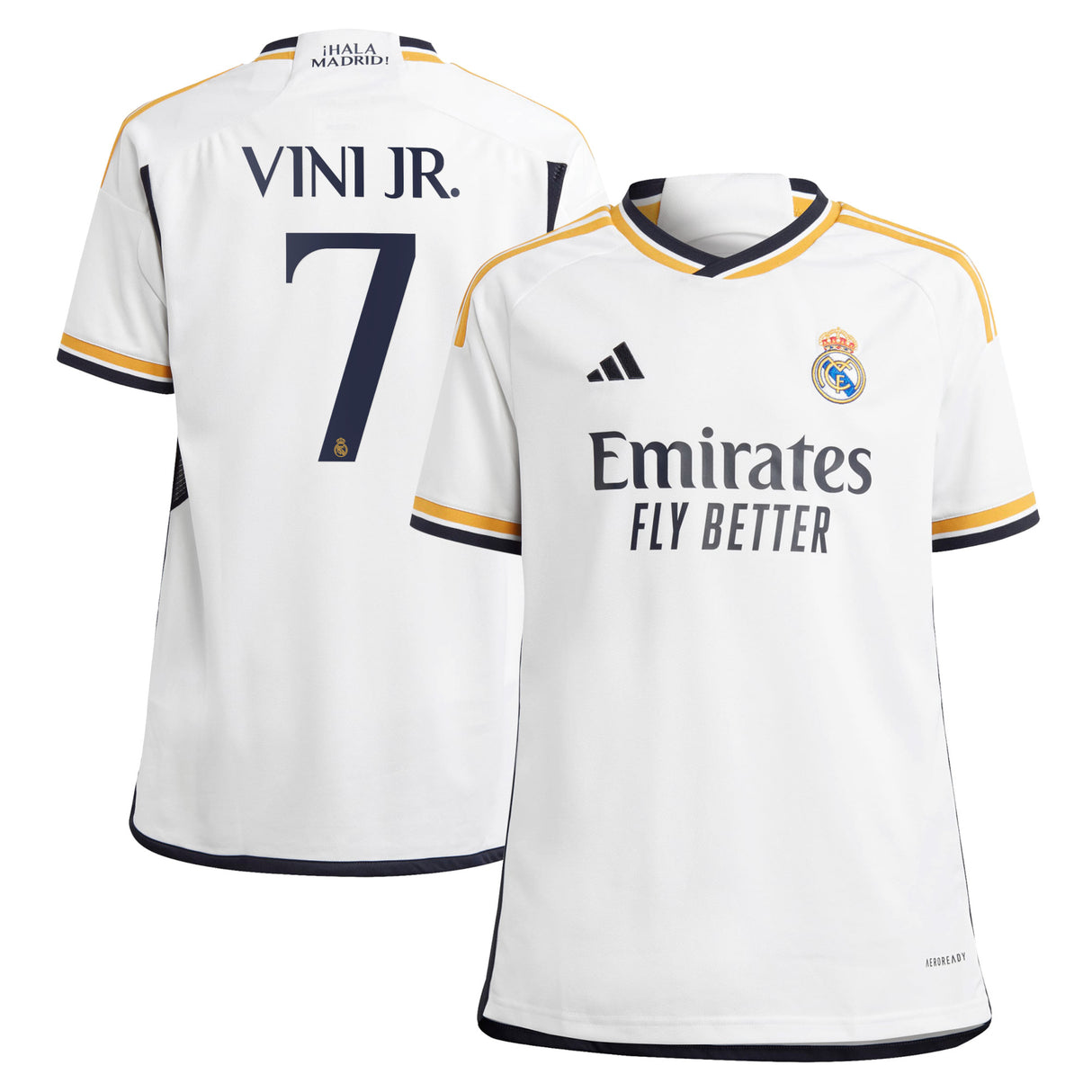 Real Madrid adidas Home Shirt 2023-24 - Kids with Vini Jr. 7 printing - Kit Captain