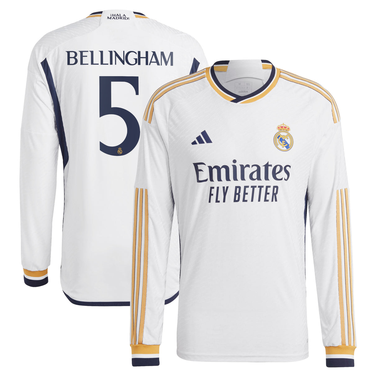 Real Madrid adidas Home Authentic Shirt 2023-24 - Long Sleeve with Bellingham 5 printing - Kit Captain