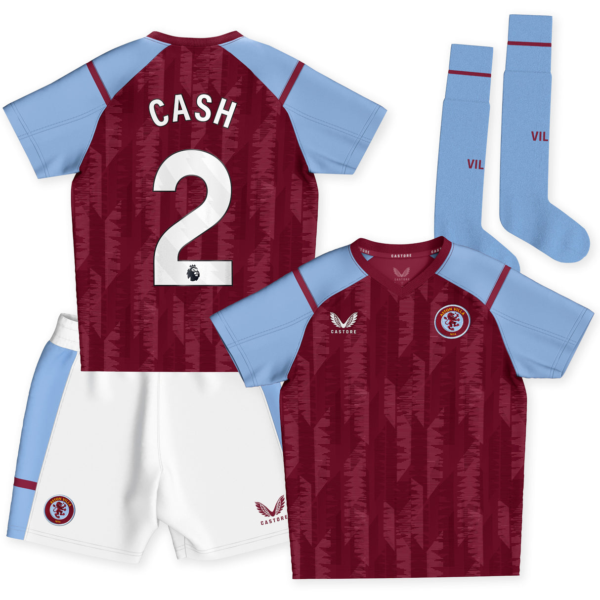 Aston Villa Castore Home Infant Kit 2023-24 with Cash 2 printing - Kit Captain