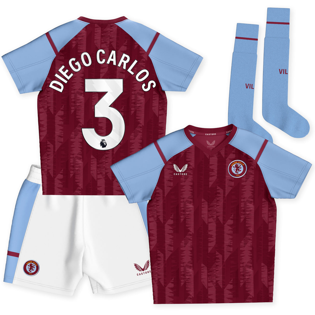 Aston Villa Castore Home Infant Kit 2023-24 with Diego Carlos 3 printing - Kit Captain