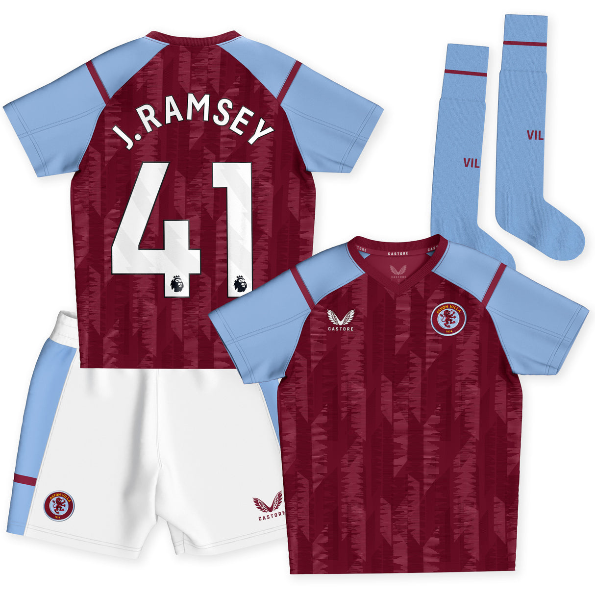 Aston Villa Castore Home Infant Kit 2023-24 with J. Ramsey 41 printing - Kit Captain