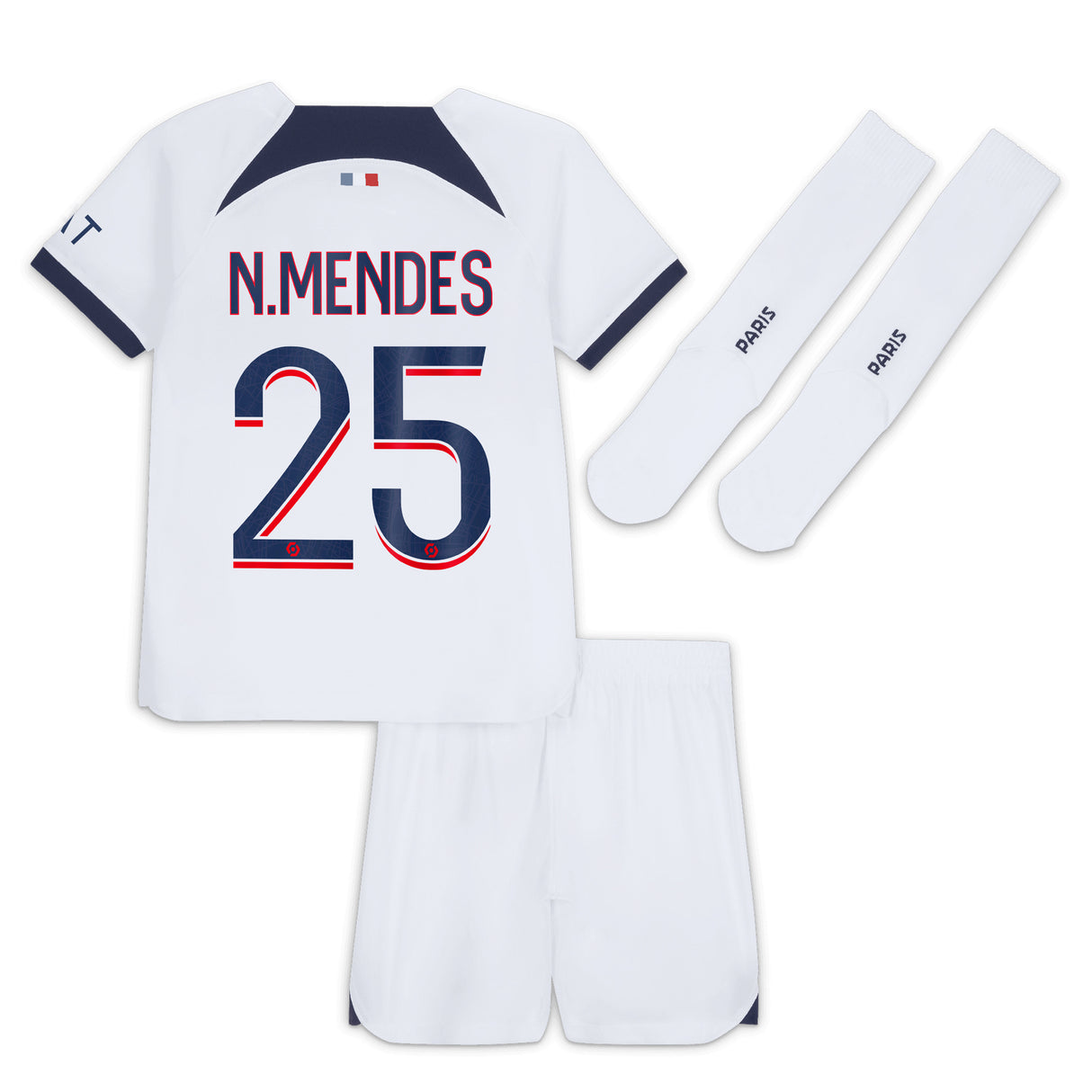 Paris Saint-Germain Nike Away Stadium Kit 2023-24 - Little Kids with N.Mendes 25 printing - Kit Captain