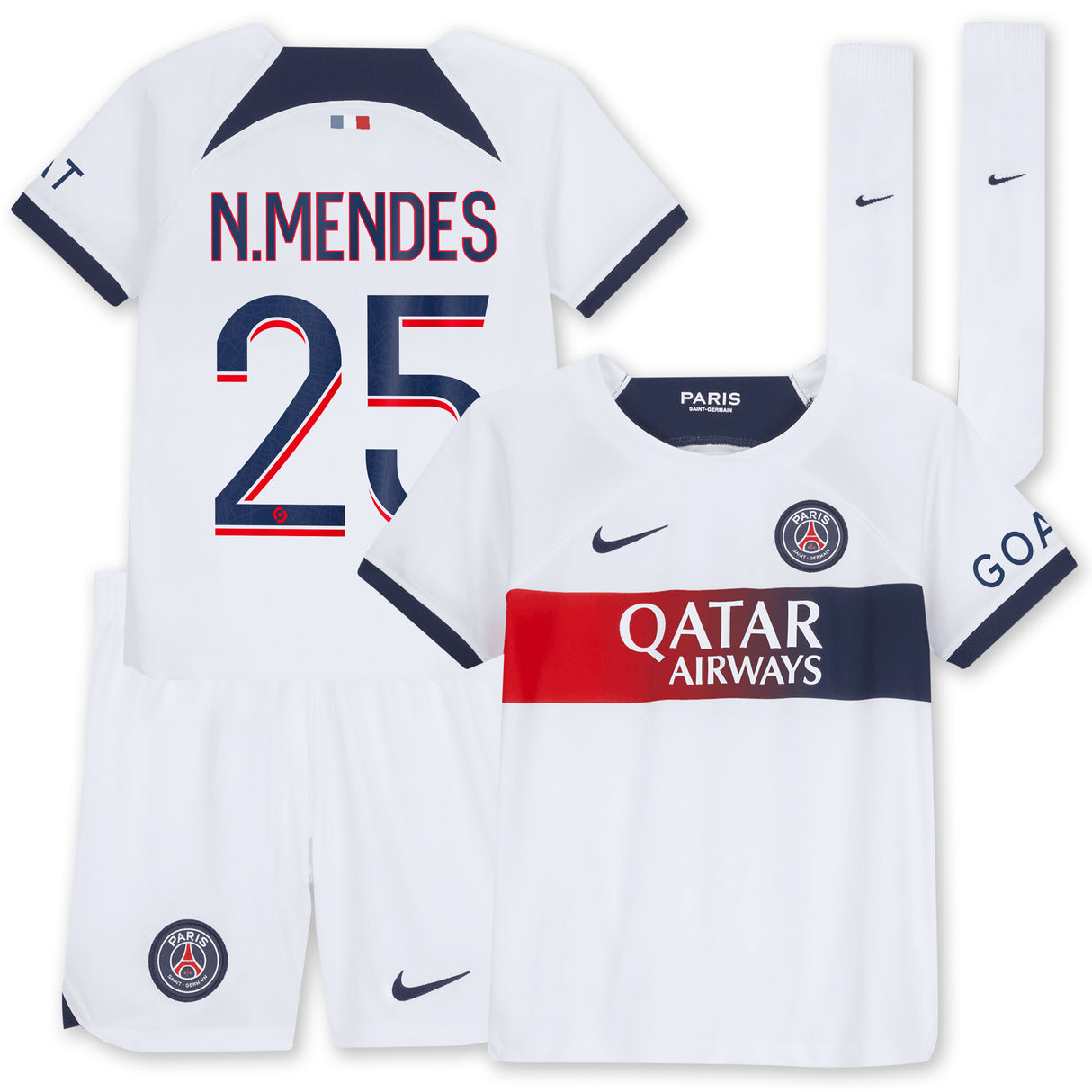 Paris Saint-Germain Nike Away Stadium Kit 2023-24 - Little Kids with N.Mendes 25 printing - Kit Captain