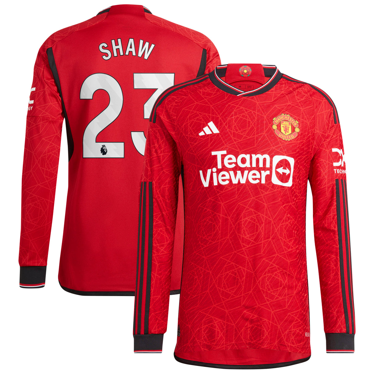 Manchester United EPL adidas Home Authentic Shirt 2023-24 - Long Sleeve with Shaw 23 printing - Kit Captain