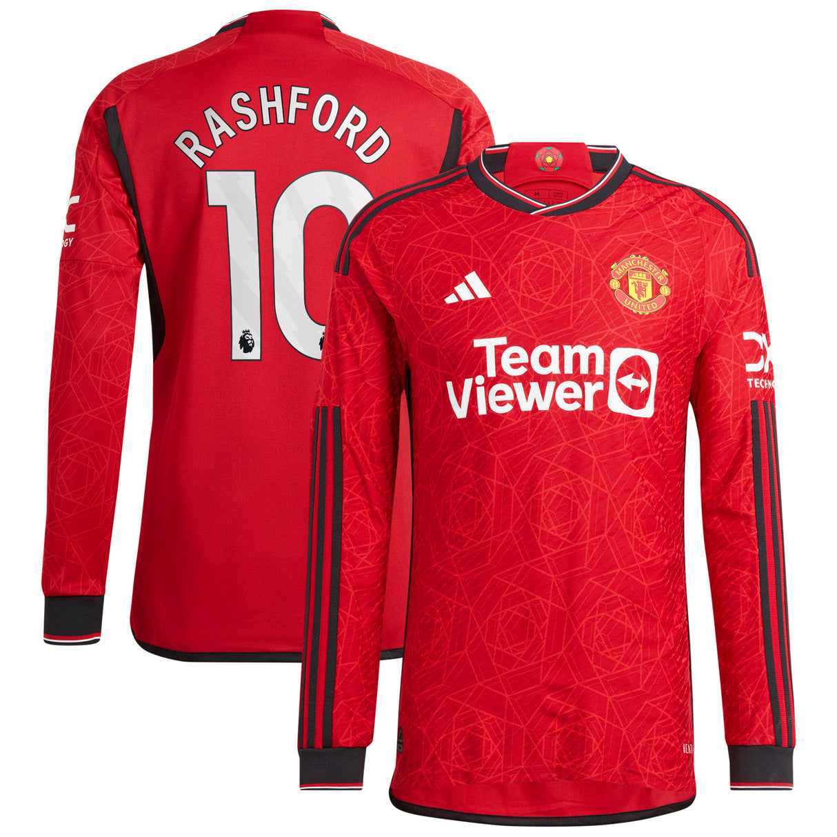 Manchester United EPL adidas Home Authentic Shirt 2023-24 - Long Sleeve with Rashford 10 printing - Kit Captain