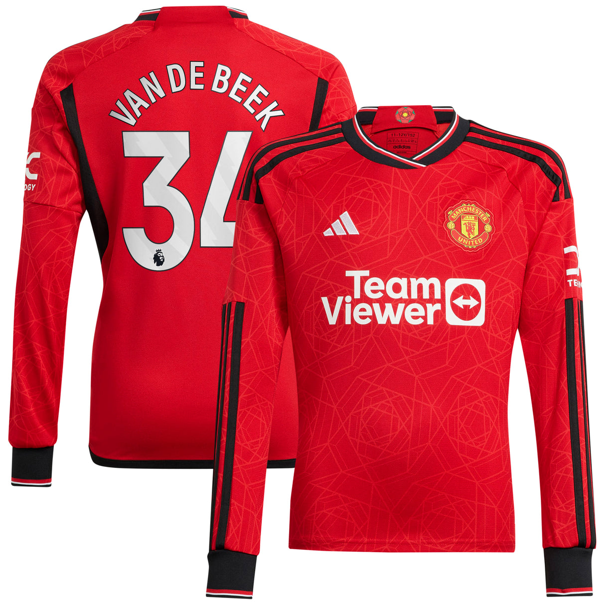 Manchester United EPL adidas Home Shirt 2023-24 - Long Sleeve with Van De Beek 34 printing - Kit Captain