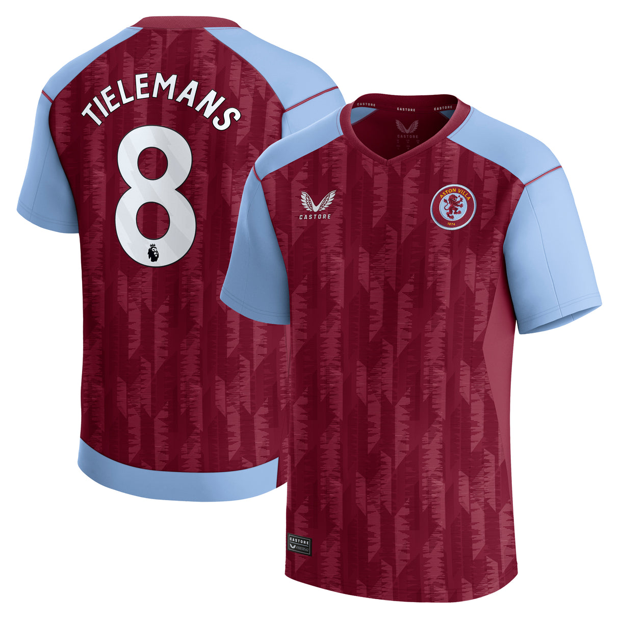 Aston Villa Castore Home Shirt 2023-24 - Kids with Tielemans 8 printing - Kit Captain