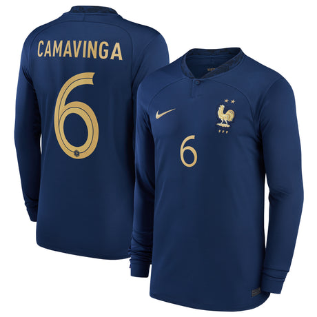 France Home Stadium Shirt Long Sleeve 2022 - Kids with Camavinga 6 printing - Kit Captain