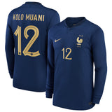 France Home Stadium Shirt Long Sleeve 2022 - Kids - Randal Kolo Muani 12 - Kit Captain