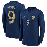 France Home Stadium Shirt Long Sleeve 2022 - Kids - Olivier Giroud 9 - Kit Captain