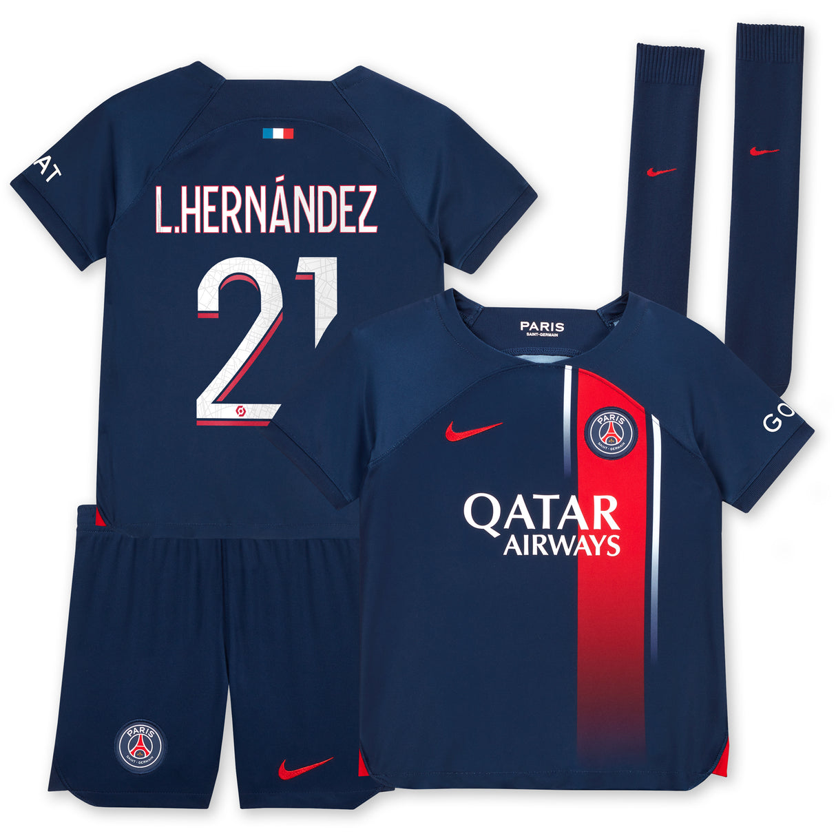 Paris Saint-Germain Nike Home Stadium Kit 2023-24 - Little Kids with L.Hernández 21 printing - Kit Captain