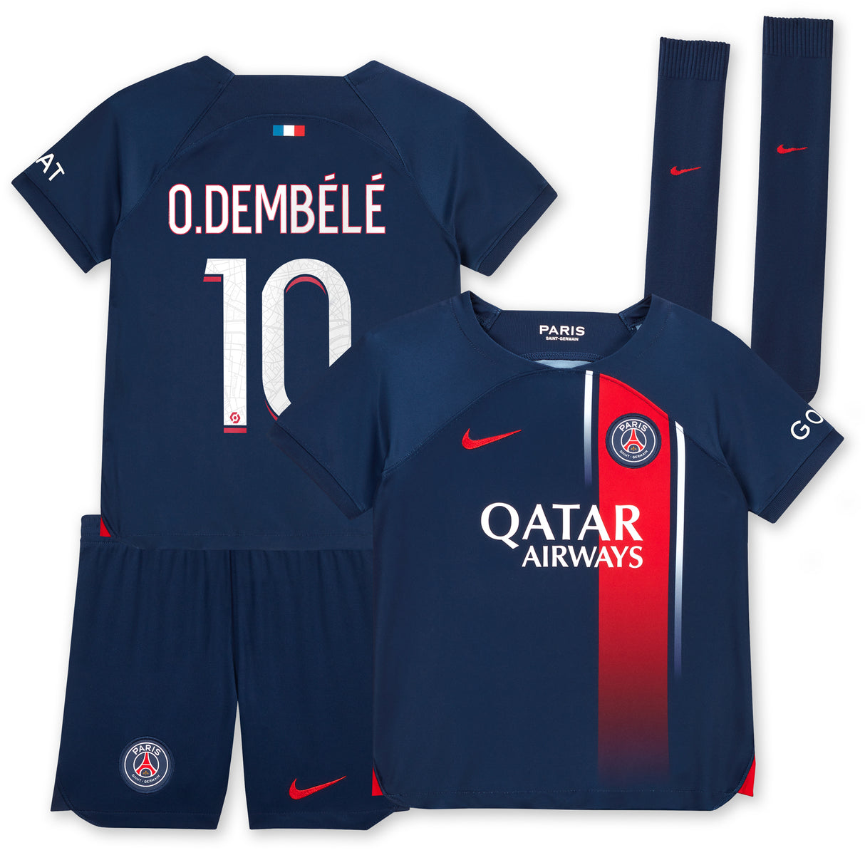 Paris Saint-Germain Nike Home Stadium Kit 2023-24 - Little Kids With O.Dembélé 10 Printing - Kit Captain