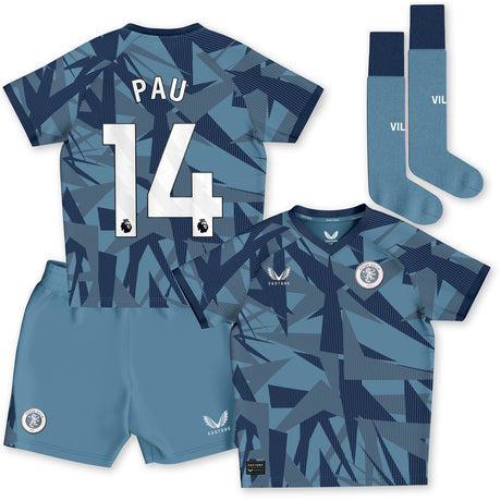 Aston Villa Third Infant Kit 2023-24 with Pau 14 printing - Kit Captain