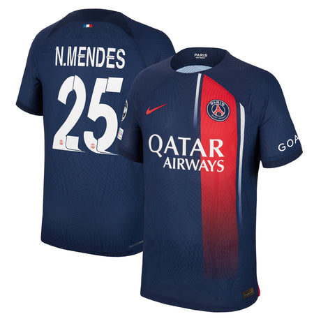 PSG Nike Home Dri-FIT ADV Match Shirt 2023-24 with N.Mendes 25 and Champions League printing and badges - Kit Captain