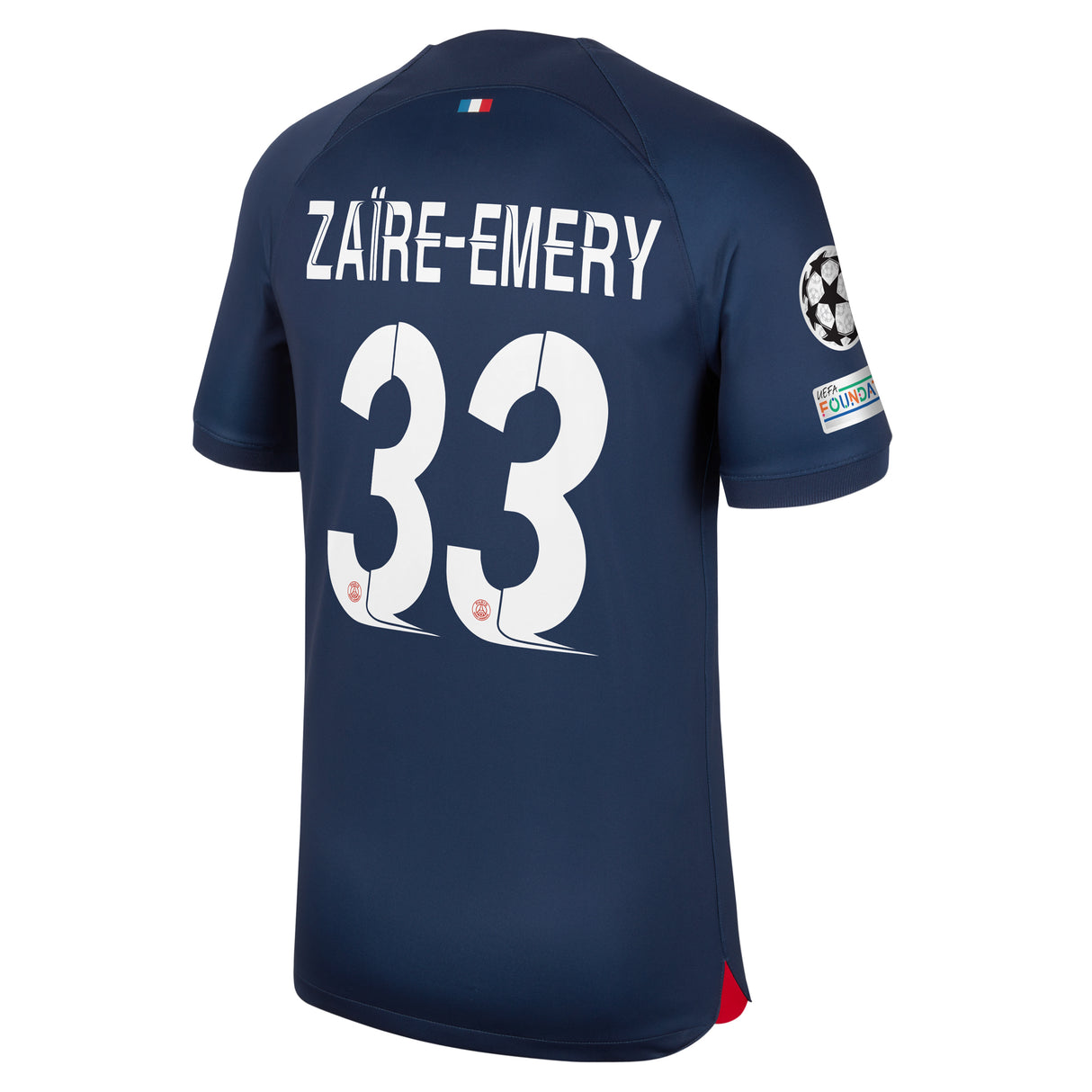 PSG Nike Home Stadium Shirt 2023-24 with Zaïre-Emery 33 and Champions League printing and badges - Kit Captain