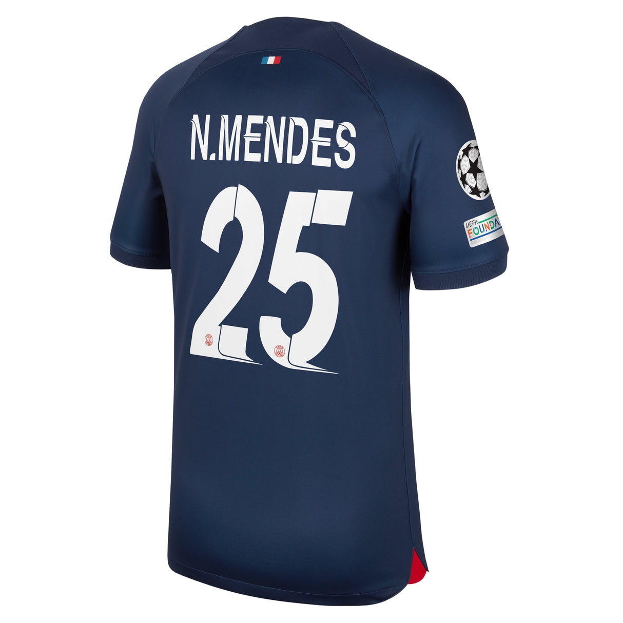 PSG Nike Home Stadium Shirt 2023-24 with N.Mendes 25 and Champions League printing and badges - Kit Captain