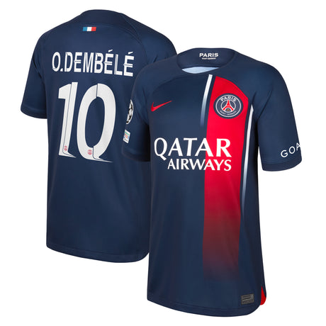 PSG Nike Home Stadium Shirt 2023-24 - Kids with O.Dembélé 10 and Champions League printing and badges - Kit Captain