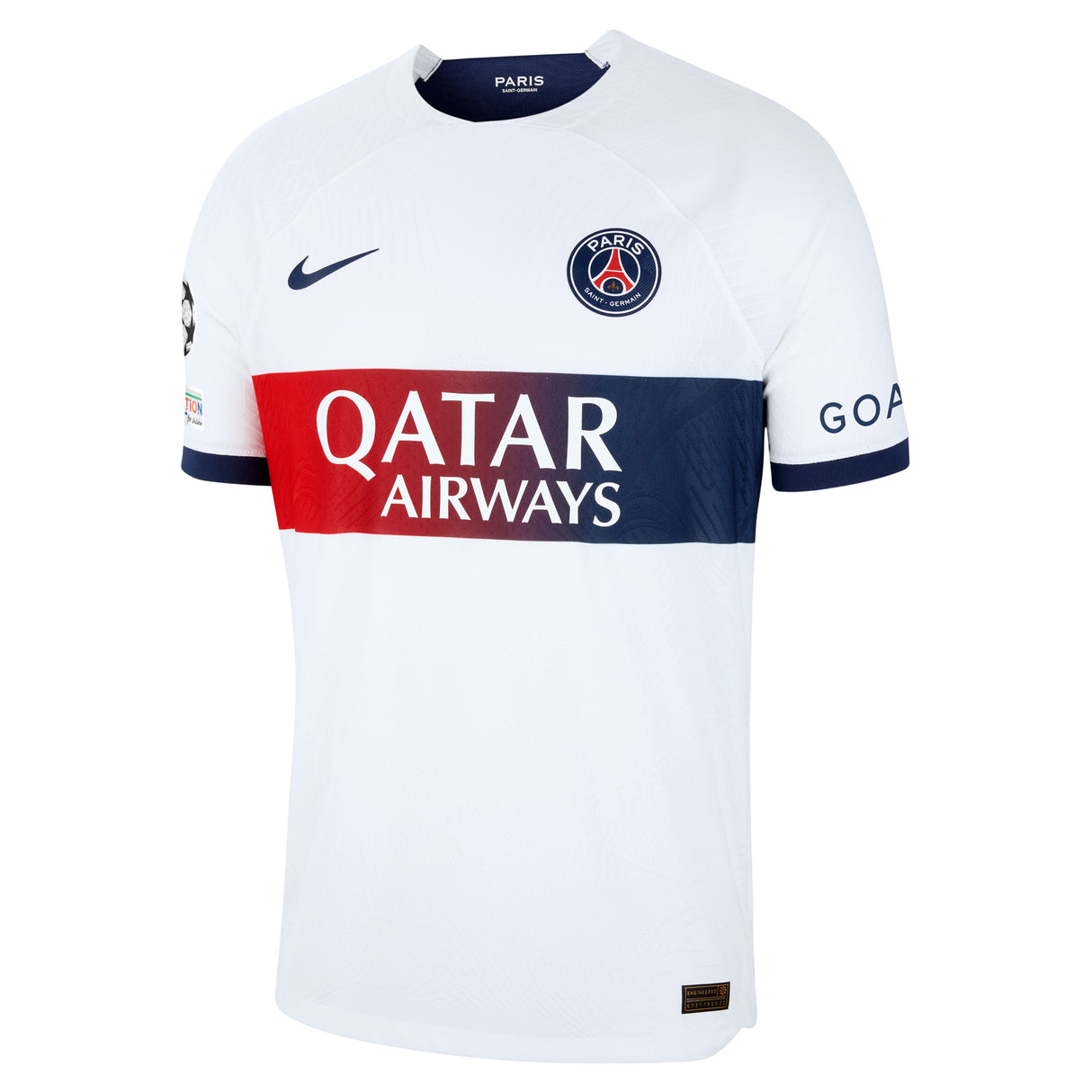 PSG Nike Away Dri-FIT ADV Match Shirt 2023-24 with N.Mendes 25 and Champions League printing and badges - Kit Captain