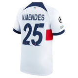 PSG Nike Away Stadium Shirt 2023-24 with N.Mendes 25 and Champions League printing and badges - Kit Captain