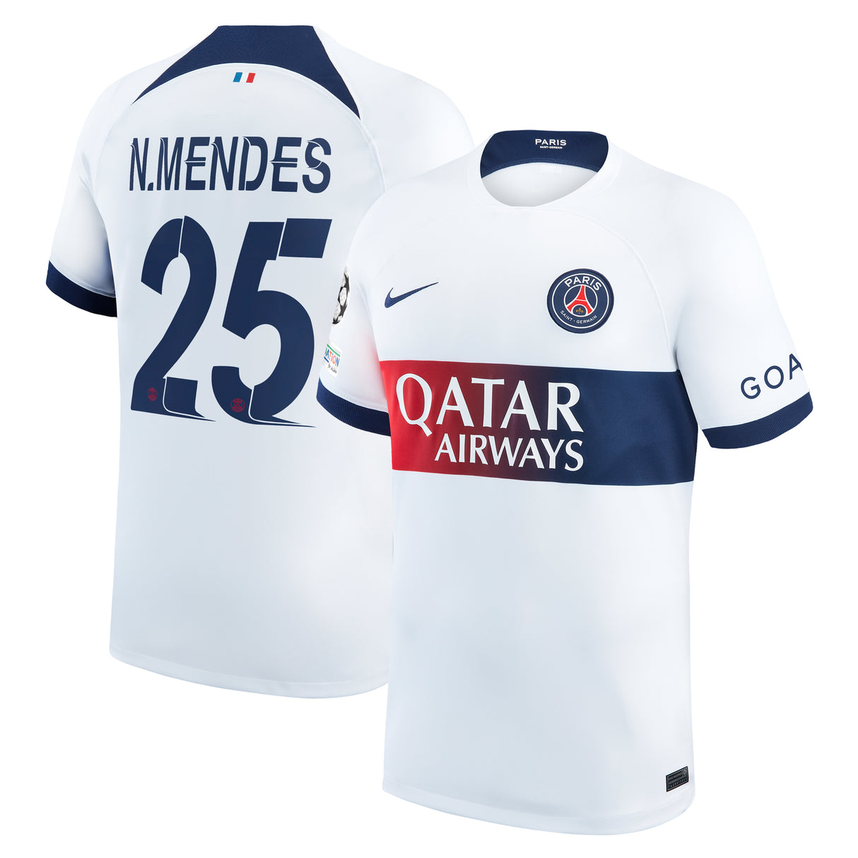 PSG Nike Away Stadium Shirt 2023-24 with N.Mendes 25 and Champions League printing and badges - Kit Captain