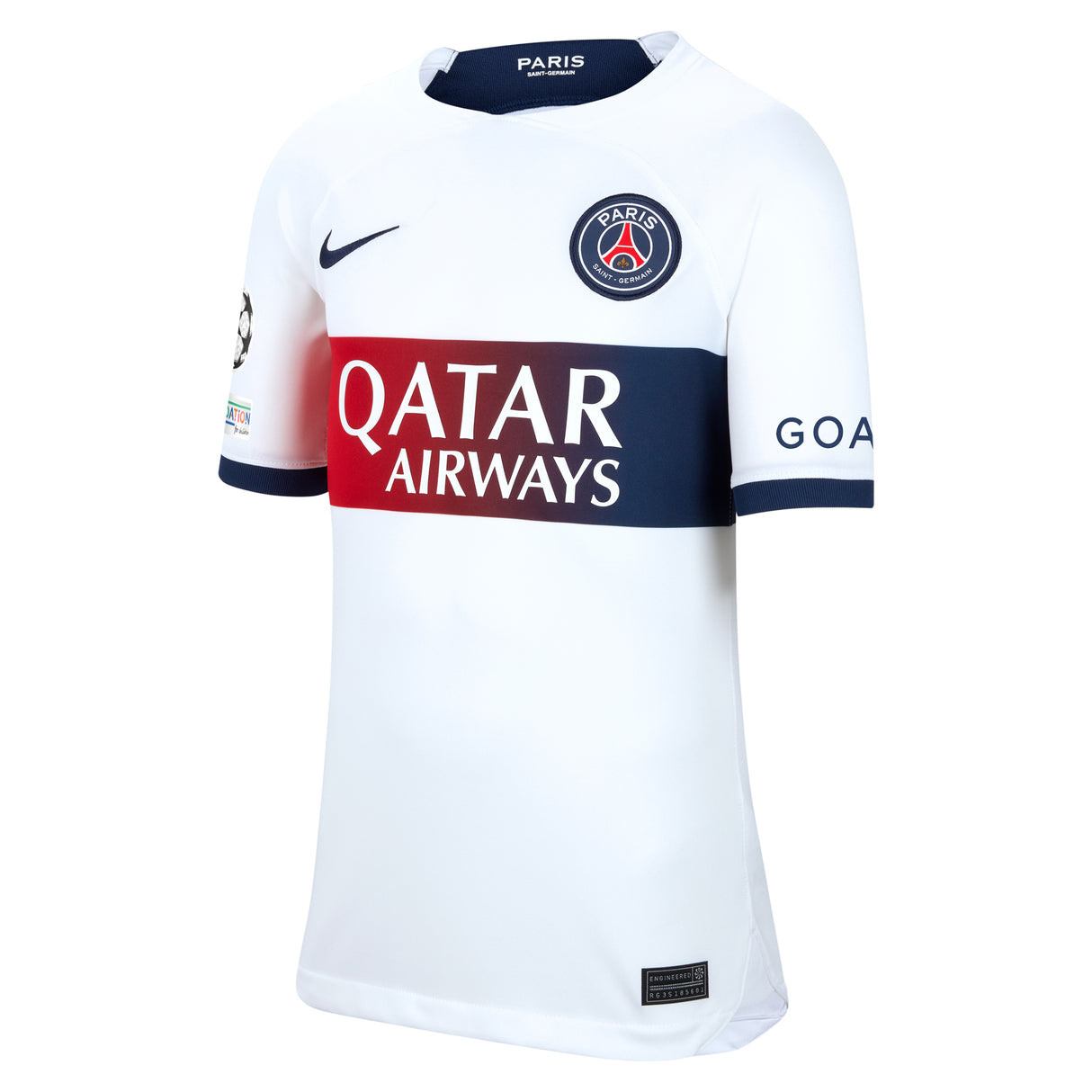 PSG Nike Away Stadium Shirt 2023-24 - Kids with ZaÃ¯re-Emery 33 and Champions League printing and badges - Kit Captain