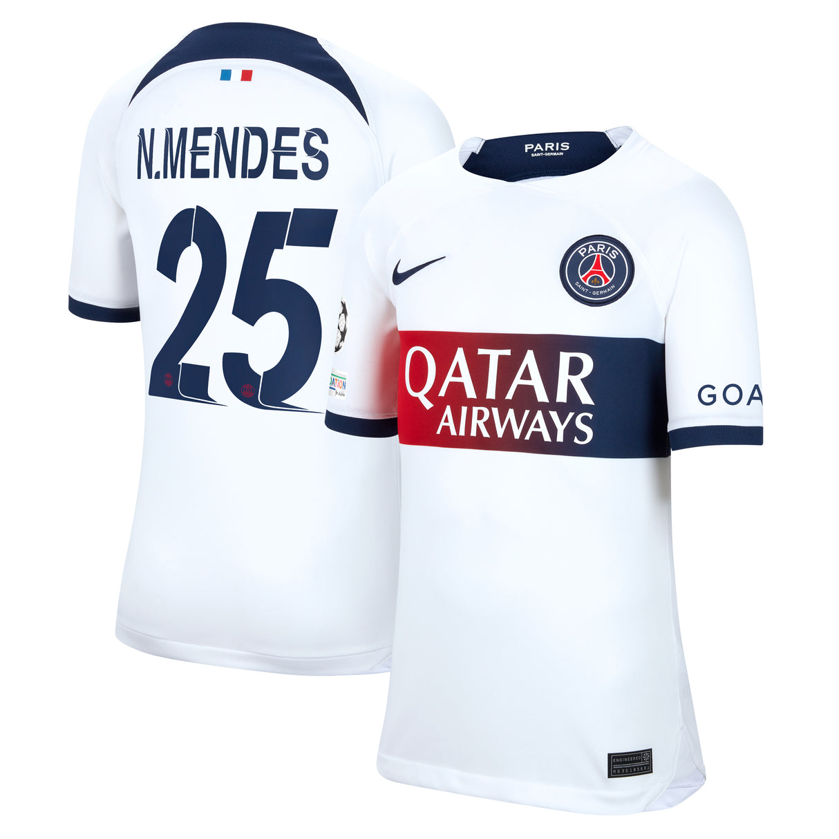 PSG Nike Away Stadium Shirt 2023-24 - Kids with N.Mendes 25 and Champions League printing and badges - Kit Captain