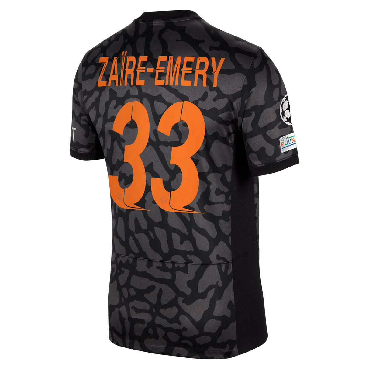 PSG x Jordan Third Stadium Shirt 2023-24 with Zaïre-Emery 33 and Champions League printing and badges - Kit Captain