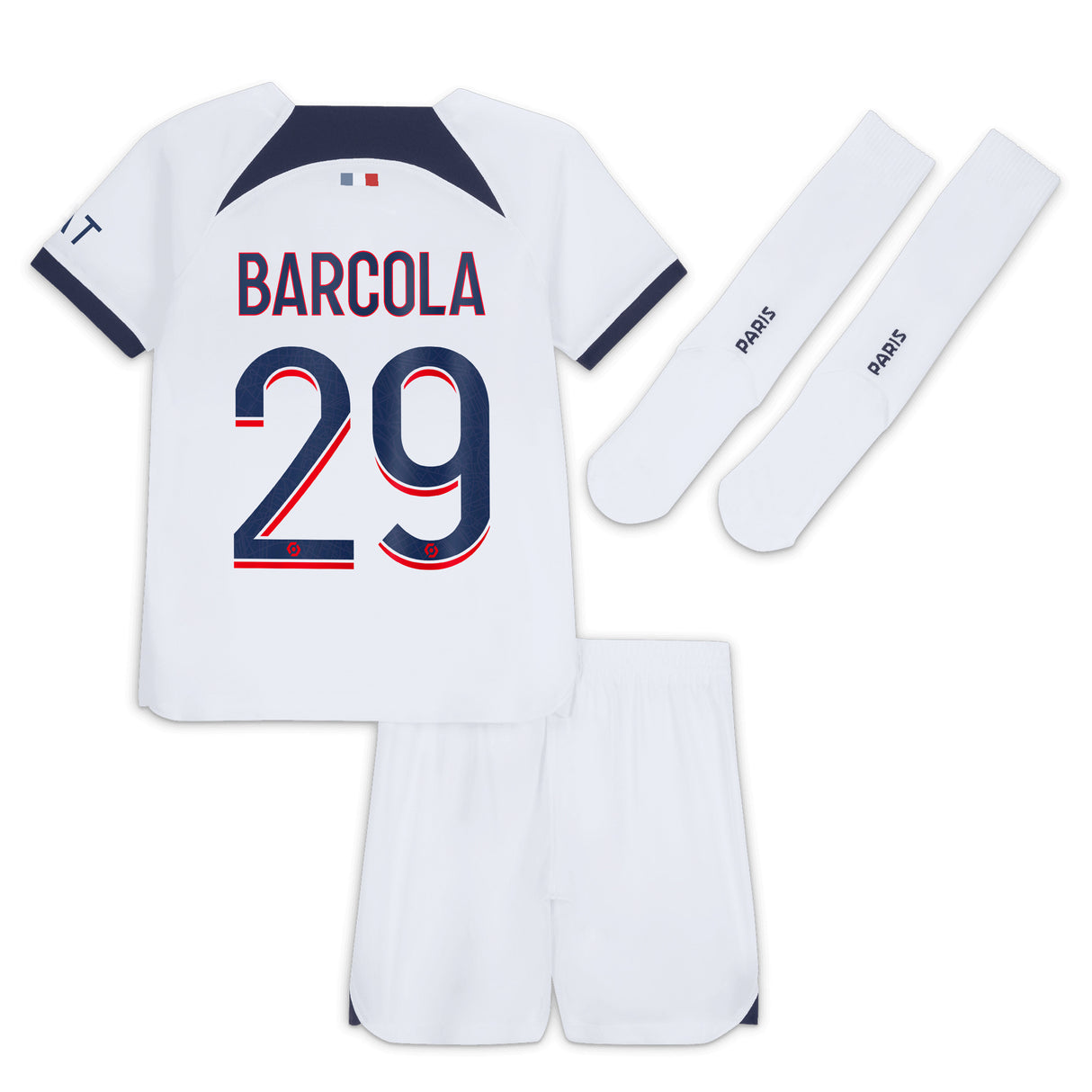 Paris Saint-Germain Nike Away Stadium Kit 2023-24 - Little Kids with Barcola 29 printing - Kit Captain