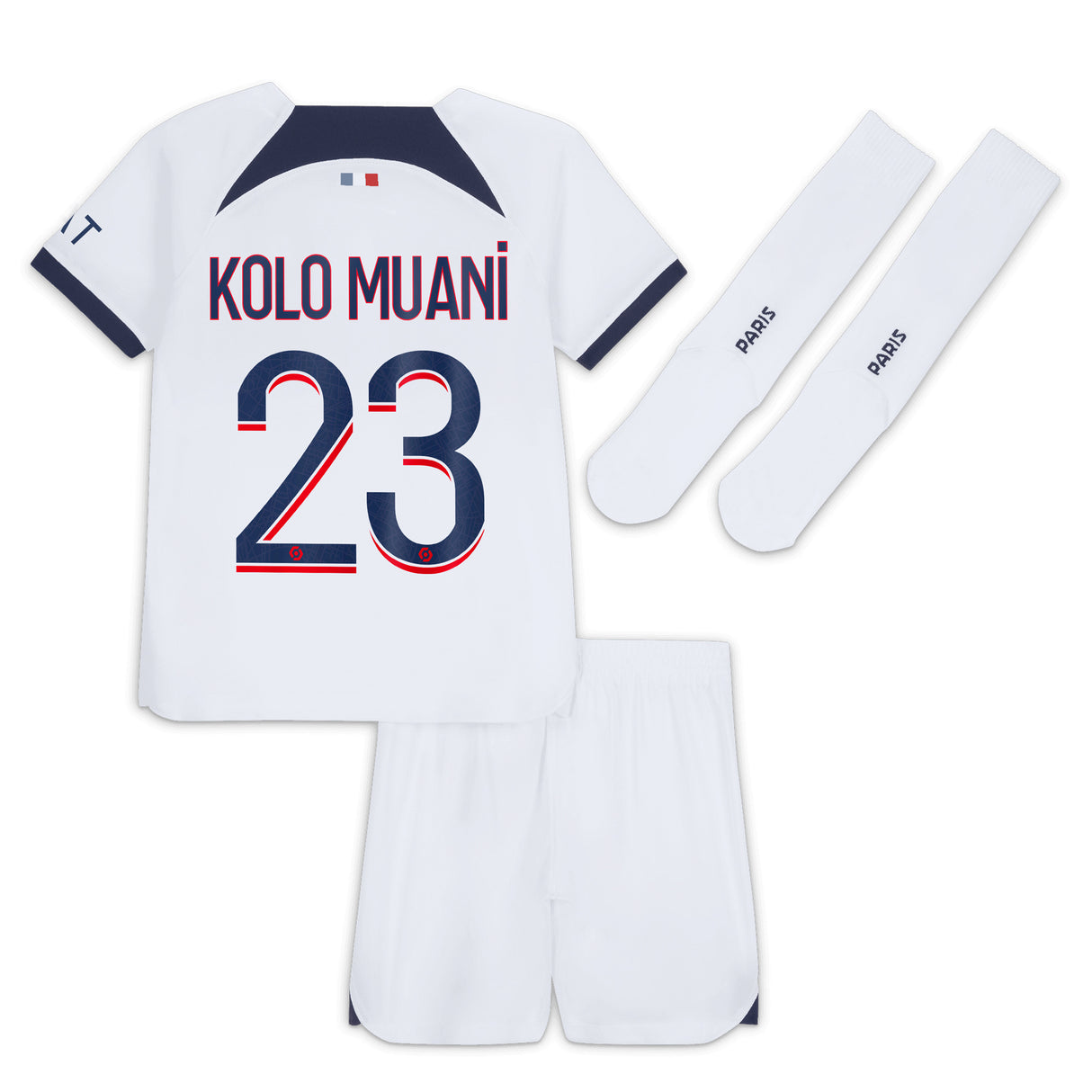 Paris Saint-Germain Nike Away Stadium Kit 2023-24 - Little Kids with Kolo Muani 23 printing - Kit Captain