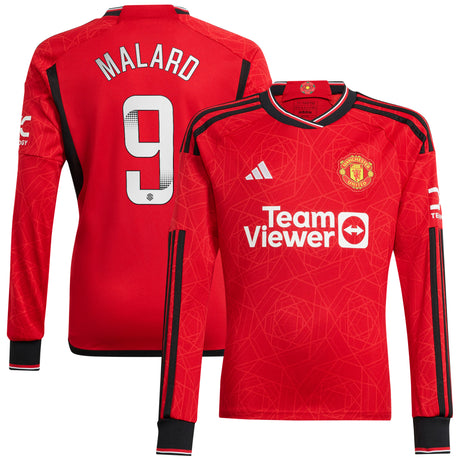 Manchester United WSL adidas Home Shirt 2023-24 - Kids - Long Sleeve - With Malard 9 Printing - Kit Captain