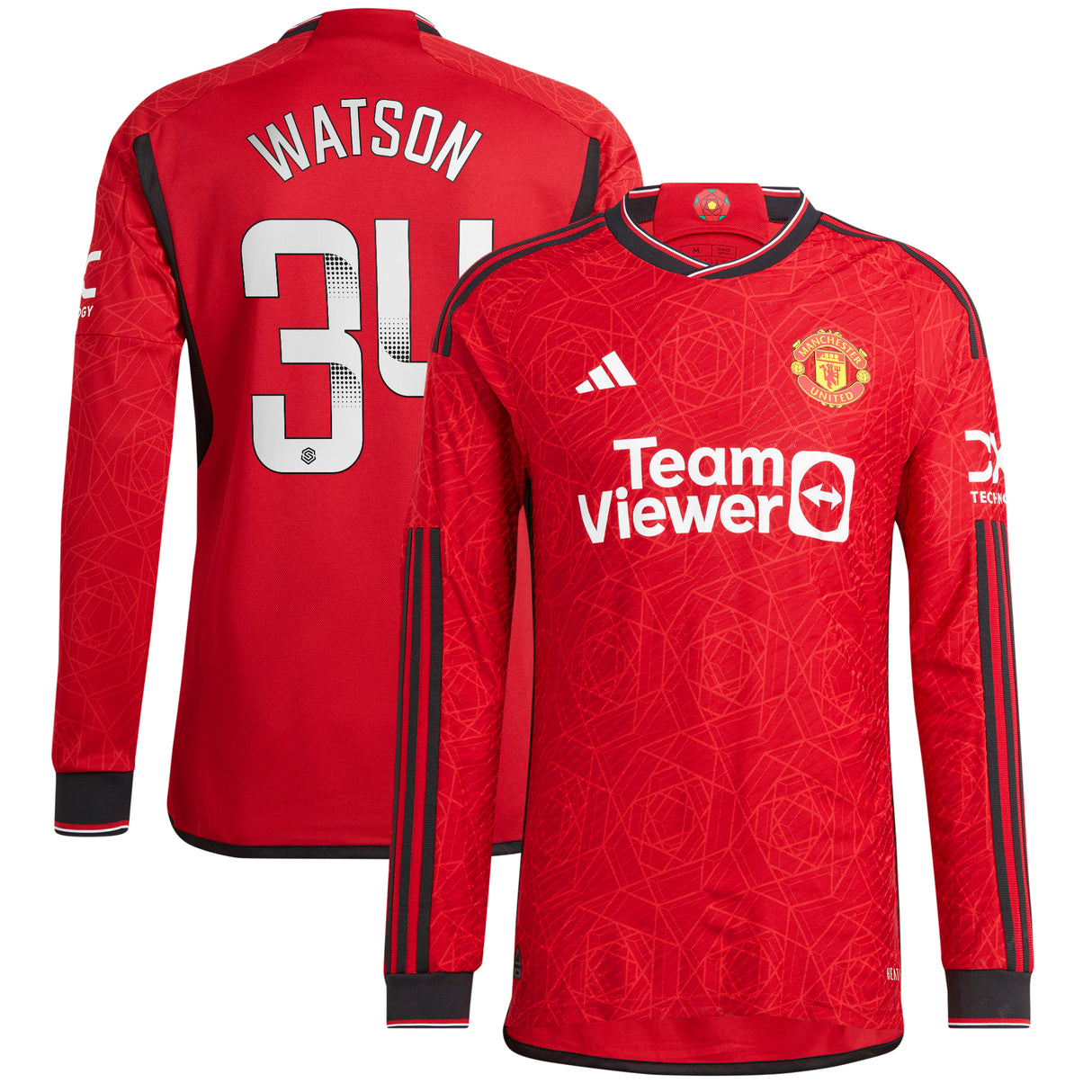 Manchester United WSL adidas Home Authentic Shirt 2023-24 - Long Sleeve - With Watson 34 Printing - Kit Captain