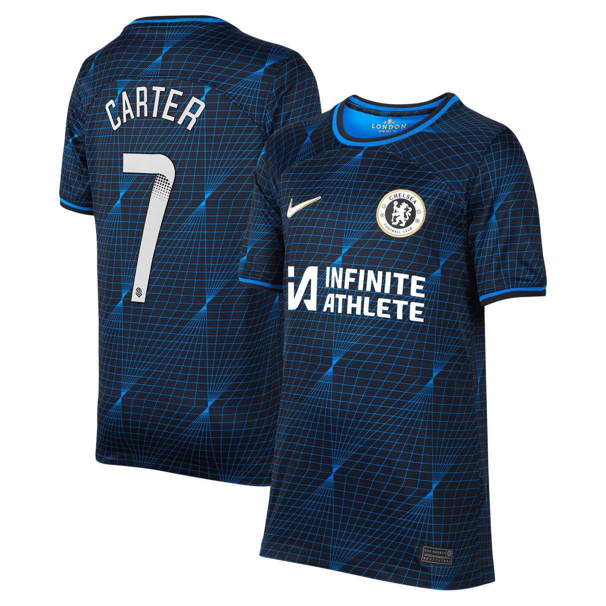 Chelsea WSL Nike Away Stadium Sponsored Shirt 2023-24 - Kids with Carter 7 printing