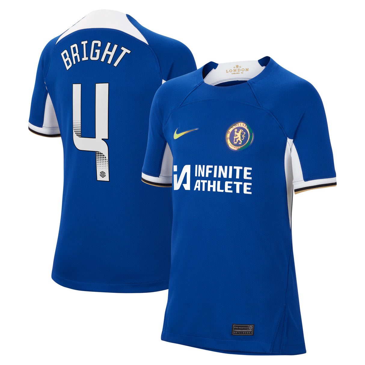 Chelsea WSL Nike Home Stadium Sponsored Shirt 2023-24 - Kids with Bright 4 printing