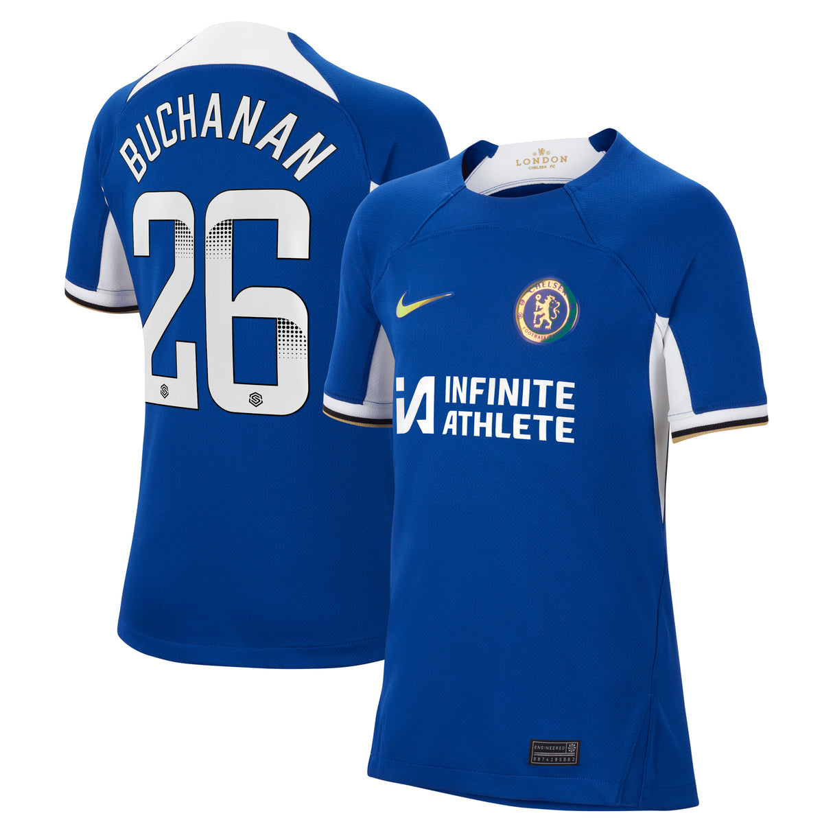 Chelsea WSL Nike Home Stadium Sponsored Shirt 2023-24 - Kids with Buchanan 26 printing