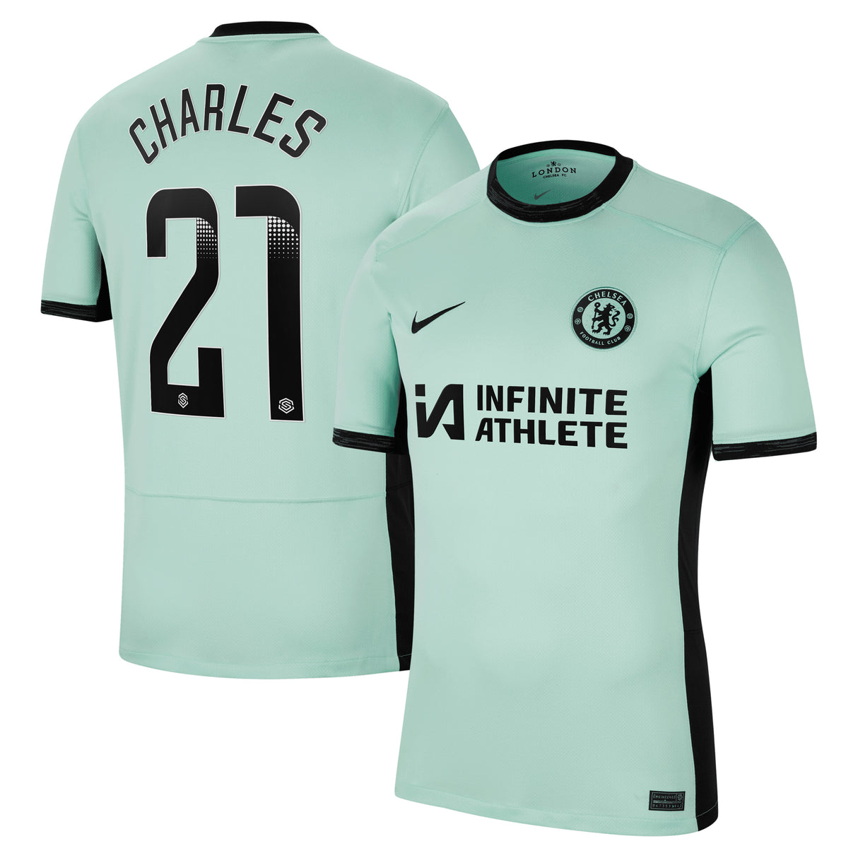 Chelsea WSL Nike Third Stadium Sponsored Shirt 2023-24 with Charles 21 printing